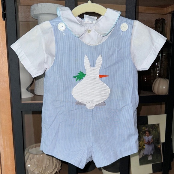 Vintage 1980s Jon Jon Nursery Rhyme Bunny Romper Set Easter Overalls appliqué - Picture 1 of 8